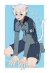  1boy absurdres animal_ears black_eyes blue_background blue_lock blue_shirt blue_shorts cat_boy cat_ears cat_tail collared_shirt full_body highres kneehighs kneeling long_sleeves looking_at_viewer male_focus nagi_seishirou open_mouth paw_print paw_print_background shinonome_kanon_(z_l89m) shirt short_hair shorts soccer_uniform socks solo sound_effects sportswear tail tongue tongue_out translation_request white_hair white_tail 