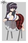  absurd_res alys_faiblesse_(zelripheth) anthro arm_tuft bedroom_eyes bent_over big_breasts big_butt black_hair breasts butt canid canine canis chair checkered_clothing clothing crown domestic_dog eyeshadow female floppy_ears furniture hair headgear hi_res long_hair looking_at_viewer makeup mammal narrowed_eyes pattern_clothing pijama poodle purple_eyes seductive simple_background solo standard_poodle tail tail_tuft thong tiara tuft underwear wrist_tuft zelripheth 