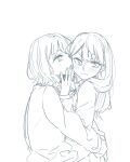  2girls blush closed_mouth highres honda_sora hug kashikaze kiss lineart lonely_girl_ni_sakaraenai long_hair long_sleeves looking_at_another medium_hair monochrome multiple_girls parted_lips rejected_kiss sakurai_ayaka_(lonely_girl_ni_sakaraenai) school_uniform simple_background sketch sweatdrop upper_body wavy_mouth white_background yuri 