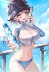  1girl absurdres black_headwear blue_archive blue_eyes blue_sky blush bottle breasts cloud day hat highres holding holding_bottle kuca_(ku_ca18) large_breasts looking_at_viewer navel ocean official_alternate_costume open_mouth purple_hair ramune saki_(blue_archive) saki_(swimsuit)_(blue_archive) short_hair sky smile solo standing stomach sunlight swimsuit thighs water_bottle 