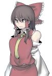  1girl aaaa_(aaaa480) black_eyes bow breasts brown_hair closed_mouth collared_shirt commentary_request cookie_(touhou) cowboy_shot detached_sleeves expressionless frilled_bow frilled_hair_tubes frills hair_between_eyes hair_bow hair_tubes hakurei_reimu large_breasts long_bangs long_hair looking_afar necktie red_bow red_shirt red_skirt reu_(cookie) shirt sidelocks simple_background skirt skirt_set sleeveless sleeveless_shirt solo touhou transparent_background white_sleeves yellow_necktie 