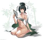 1girl absurdres bamboo bandaged_chest closed_mouth folding_fan green_hair hair_ornament hand_fan hanying_(punishing:_gray_raven) highres holding holding_fan looking_at_viewer medium_hair navel nude punishing:_gray_raven red_eyes user_evth7832 