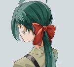  1girl ahoge bow commentary_request dated earringws genjitsu_o_miro green_hair grey_background hair_bow highres long_hair pokemon pokemon_sv ponytail red_bow rika_(pokemon) shirt simple_background solo suspenders twitter_username 