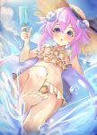  1girl absurdres bare_legs barefoot bimmy blush d-pad d-pad_hair_ornament food hair_between_eyes hair_ornament hat highres innertube looking_at_viewer neptune_(neptune_series) neptune_(series) ocean open_mouth pink_eyes pink_hair popsicle short_hair smile solo splashing straw_hat water 