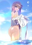  1girl ass bare_shoulders blue_eyes blue_one-piece_swimsuit blue_ribbon choker fate/extra fate/extra_ccc fate/grand_order fate_(series) frilled_one-piece_swimsuit frills hair_ribbon highleg highleg_swimsuit highres long_hair long_sleeves looking_at_viewer looking_back meltryllis_(fate) meltryllis_(swimsuit_lancer)_(fate) meltryllis_(swimsuit_lancer)_(second_ascension)_(fate) mentaiko_mamire off-shoulder_one-piece_swimsuit off_shoulder one-piece_swimsuit puffy_sleeves purple_hair ribbon sleeves_past_fingers sleeves_past_wrists solo strapless strapless_swimsuit swimsuit very_long_hair 