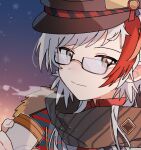  1boy arknights bespectacled brown_headwear brown_scarf coat coffee_cup commentary cup disposable_cup elysium_(arknights) elysium_(snowy_echo)_(arknights) fur-trimmed_coat fur_trim glasses gradient_sky grey_eyes hat holding holding_cup looking_at_viewer maguro_kan male_focus multicolored_hair outline pixelated red_hair scarf semi-rimless_eyewear short_hair sidelocks sky smile solo streaked_hair striped striped_scarf sunset upper_body visible_air white_hair 