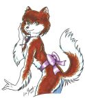  2003 anthro biped black_nose brown_body brown_fur canid canine female fur green_eyes mammal multicolored_body multicolored_fur peta_hewitt smile solo standing traditional_media_(artwork) white_body white_fur 