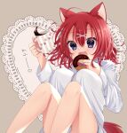  1girl :3 :d ahoge akane_(hn_akn_12) amairo_islenauts animal_ear_fluff animal_ears blue_eyes breasts coffee coffee_mug commentary cup doughnut dress_shirt eating eyelashes fang food hair_between_eyes hair_ornament hands_up happy heart highres holding holding_cup holding_food knees_up large_breasts light_brown_background long_sleeves looking_at_viewer masaki_gaillard medium_hair mug naked_shirt open_mouth paw_print red_hair red_tail shirt simple_background sitting skin_fang smile solo tail thighs translated white_shirt wolf_ears wolf_girl wolf_tail x_hair_ornament 