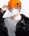  1boy adjusting_clothes adjusting_headwear baseball_cap black_jacket brown_hair closed_mouth collarbone collared_jacket commentary ear_chain ear_piercing earrings grey_shirt hat head_tilt jacket jewelry looking_at_viewer male_focus necklace orange_headwear original piercing purple_eyes sanpaku shirt short_hair simple_background solo star_(symbol) star_piercing streetwear stud_earrings suechiee t-shirt triangle_hair_ornament upper_body white_background 