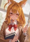  1girl animal_ear_fluff animal_ears blurry blurry_background book bow bowtie brown_eyes brown_jacket buttons collared_shirt glasses grin hand_up highres holding holding_book jacket junly long_hair long_sleeves looking_at_viewer open_clothes open_jacket orange_hair original red_bow red_bowtie shirt signature smile solo teeth upper_body v white_shirt 