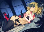  1girl arms_behind_back bare_shoulders bdsm black_footwear black_gloves black_panties black_thighhighs blonde_hair blue_eyes bondage bound bound_ankles cad_(caddo) character_request circlet clenched_teeth commentary crop_top elbow_gloves fate/grand_order fate_(series) gag garter_belt gloves high_heels highres hogtie midriff navel panties pollux_(fate) short_hair sleeveless solo stomach teeth thighhighs underwear 