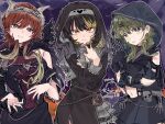  3girls aketa_mikoto black_dress black_gloves black_hair black_hood black_skirt black_wings blonde_hair brown_hair cropped_shirt demon_horns dress feathered_wings fingernails gloves gradient_hair green_eyes habit highres hood hood_up horns idolmaster idolmaster_shiny_colors ikaruga_luca inuhadaka light_blush light_brown_hair looking_at_viewer multicolored_eyes multicolored_hair multiple_girls nail_polish nanakusa_nichika navel nun official_alternate_costume reaching reaching_towards_viewer red_eyes scar scar_on_cheek scar_on_face shhis_(idolmaster) skirt stomach wings 