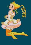  1girl :d blonde_hair bow choker commentary_request cure_lemonade drill_hair earrings highres jewelry kamogawa140 kasugano_urara_(yes!_precure_5) kneeling magical_girl open_mouth precure smile solo thighhighs twintails yellow_choker yellow_eyes yellow_theme yes!_precure_5 yes!_precure_5_gogo! 