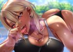  1girl andou_you ass black_one-piece_swimsuit blonde_hair blurry blurry_background breast_press breasts chain_necklace collarbone competition_swimsuit dark-skinned_female dark_skin ear_piercing earrings fellatio_gesture gyaru hair_between_eyes jewelry kogal large_breasts long_hair motion_lines necklace one-piece_swimsuit open_mouth oral_invitation original piercing purple_eyes solo steaming_body swimsuit tongue tongue_out tree two-tone_swimsuit yellow_nails 