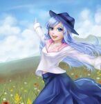  1girl :d bangs blouse blue_eyes blue_hair blue_headwear blue_skirt blue_sky breasts cloud collarbone day eyelashes floating_hair flower grass hat highres jioko_(ckraud) light_blue_hair long_hair long_skirt long_sleeves looking_at_viewer lorna mabinogi mountain mountainous_horizon open_mouth outdoors outstretched_arms pink_sailor_collar red_flower sailor_collar shirt skirt sky small_breasts smile solo spread_arms swept_bangs teeth white_flower white_shirt yellow_flower 