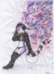  abstract_background absurd_res bikini black_hair boots clothing elkkuvelkku female footwear fur hair headphones hi_res hoodie koli_psyglade mammal pink_hair procyonid psychedelic psychedelic_background purple_body purple_fur ring-tailed_cat solo swimwear topwear traditional_media_(artwork) 