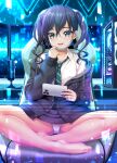  1girl :d barefoot black_eyes black_hair black_jacket black_skirt cameltoe chair collared_shirt computer full_body gaming_chair green_necktie highres holding holding_phone idolmaster idolmaster_cinderella_girls indian_style jacket keyboard_(computer) long_hair long_sleeves looking_at_viewer mask microphone mole mole_under_eye monitor mouse_(computer) mouth_mask necktie nomura_teruya open_mouth panties phone school_uniform sharp_teeth shirt sitting skirt smile solo sunazuka_akira swivel_chair teeth toes twintails underwear upper_teeth_only white_panties white_shirt 