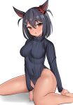  1girl absurdres animal_ears black_hair bob_cut breasts brown_eyes dark_skin grey_leotard heattech_leotard highleg highleg_leotard highres hishi_amazon_(umamusume) horse_ears horse_girl horse_tail leotard leotard_sweater looking_at_viewer medium_breasts red_scrunchie ribbed_leotard ribbed_sweater scrunchie short_hair simple_background sitting solo striped striped_leotard sweater tail tf_cafe turtleneck turtleneck_leotard turtleneck_sweater umamusume wariza white_background 