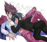  2boys ahoge ass belt black_belt black_hair black_pants blush brown_eyes brown_hair danganronpa_(series) danganronpa_v3:_killing_harmony haji_(hajimaji) highres jacket jacket_on_shoulders knee_up long_sleeves lying momota_kaito multiple_boys on_back open_clothes open_jacket pants pink_jacket pink_pants print_shirt saihara_shuichi sample_watermark shirt short_hair striped striped_belt striped_jacket striped_pants white_shirt yaoi 