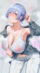  1girl :d absurdres arknights arm_up armpits blue_hair blue_nails bracelet breasts cleavage collarbone ear_piercing earrings grey_jacket grin halo highres infection_monitor_(arknights) jacket jewelry large_breasts leaning_forward long_sleeves looking_at_viewer nail_polish navel nipples open_clothes open_jacket pants parted_lips piercing purple_eyes see-through short_hair smile solo sports_bra spuria_(arknights) stud_earrings white_pants white_sports_bra zhait007 