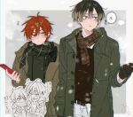  2boys belt blonde_hair blue_eyes brown_belt brown_coat brown_gloves brown_hair brown_scarf brown_shirt coat gloves grey_background highres holding holding_phone kajiyama_fuuta kao_ru05 kayano_mikoto milgram multicolored_background multicolored_hair multiple_boys pants phone plaid plaid_scarf red_hair scarf shirt short_hair speech_bubble translation_request white_pants winter_clothes 