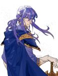  1boy blue_cape blue_eyes blue_hair blue_shirt cape collared_shirt fire_emblem fire_emblem:_genealogy_of_the_holy_war from_behind gloves headband highres julianlynnnn long_hair looking_back ponytail seliph_(fire_emblem) shirt simple_background solo sword tyrfing_(fire_emblem) weapon white_background white_gloves white_headband 