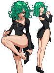  1girl absurdres alternate_costume black_dress breasts curly_hair dress green_eyes green_hair high_heels highres kiwiimino looking_at_viewer no_panties one-punch_man putting_on_shoes side_slit small_breasts tatsumaki thighs tiptoes twitter_username white_background 
