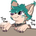  anthro artist_marufox brown_body brown_fur canid canine canis collar collar_tag colored_nails fur green_hair hair male mammal nails onomatopeoia purple_eyes purple_nails purple_nose solo spiked_collar spikes wolf 