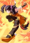  1girl bare_shoulders black_bodysuit black_gloves bodysuit chinese_clothes elbow_gloves fingerless_gloves fire full_body gloves highres jacket ling_xiaoyu orange_footwear orange_jacket sleeveless sleeveless_jacket smile solo tekken tekken_7 twintails yagi2013 