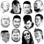  6+boys asian bald beard black_hair devious_face facial_hair glasses highres jacket long_hair looking_at_viewer male_focus manly mature_male multiple_boys muscular original pompadour raised_eyebrow raised_eyebrows seung_eun_kim short_hair smile talking thick_eyebrows undercut v-shaped_eyebrows 