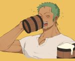  1boy ^_^ alcohol bara beer beer_mug blush closed_eyes cropped_torso cup dark-skinned_male dark_skin drinking drunk earrings green_hair happy hd189733b highres jewelry long_sideburns male_focus motion_lines mug one_piece pectoral_cleavage pectorals roronoa_zoro scar scar_across_eye short_hair sideburns single_earring solo v-neck yellow_background 