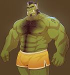  2023 abs absurd_res arm_tattoo barbell_piercing biceps black_hair blue_eyes body_hair bottomwear chest_hair clothed clothing deltoids facial_hair green_background green_body green_skin hair hairy_arms happy_trail hi_res horde_symbol_(warcraft) humanoid looking_at_viewer male mr_nellory muscular muscular_humanoid muscular_male nipple_barbell nipple_piercing nipples obliques orc pecs piercing shorts shoulder_tattoo sideburns simple_background solo soul_patch tattoo topless tusks white_hair yellow_bottomwear yellow_clothing yellow_shorts 