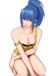  1girl arm_on_thigh bare_arms bare_shoulders blue_eyes blue_hair breasts cleavage collarbone earrings highres jewelry leona_heidern looking_at_viewer no_pants ponytail reavernk sitting solo strap_slip tank_top the_king_of_fighters triangle_earrings 