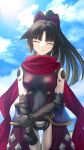  1girl black_hair breasts closed_eyes fate/grand_order fate_(series) highres holding_own_arm joints katou_danzou_(fate) long_hair medium_breasts ponytail red_scarf robot_joints scarf shoori_(migiha) smile 