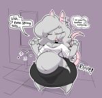  2023 anthro belly big_belly big_breasts blep bloated bottom_heavy bottomwear breasts clothing dialogue elisa_(maddeku) english_text eyes_closed female fur grey_body grey_fur hi_res hyper_hips maddeku mammal murid murine overweight overweight_female rat rodent rumbling_stomach skirt solo text thick_thighs tongue tongue_out wardrobe_malfunction 