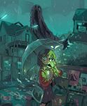  1girl 1other brick_wall carles_dalmau cellphone english_text highres holding holding_phone holding_umbrella horror_(theme) house lamppost looking_at_viewer missing_poster monster original phone rain sharp_teeth slime_(creature) smartphone teeth umbrella 