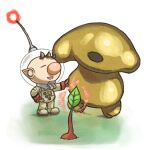  1boy alien big_nose brown_hair buried buttons closed_eyes colored_skin commentary_request full_body gloves glowing grass hand_on_another&#039;s_hip hand_on_own_hip helmet hole_in_head leaf looking_at_another monster naru_(wish_field) olimar open_mouth patch pikmin_(creature) pikmin_(series) plasm_wraith pointy_ears radio_antenna red_gloves red_light red_pikmin red_skin short_hair slime_(substance) smile space_helmet spacesuit very_short_hair whistle white_background 
