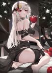  1girl absurdres arknights ass bare_shoulders barefoot blush breasts closed_mouth feet food from_behind fruit hair_ornament highres holding holding_food holding_fruit horns large_breasts long_hair looking_at_viewer looking_back molyb mudrock_(arknights) mudrock_(silent_night)_(arknights) official_alternate_costume pointy_ears red_eyes solo thighs toes white_hair 