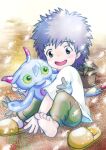  1boy :d barefoot child dated digimon digimon_(creature) digimon_adventure_02 digimon_adventure_02:_the_beginning green_eyes male_focus ohwada_lui outdoors pants plant potted_plant purple_hair shirt slippers smile trowel tsukaima_(vfcou) ukkomon unworn_footwear white_shirt 