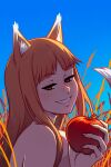  1girl absurdres akairiot animal_ear_fluff animal_ears apple brown_hair food fruit highres holding holding_food holding_fruit holo long_hair looking_at_viewer red_eyes smile solo spice_and_wolf tail wheat_field wolf_ears wolf_girl wolf_tail 