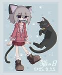  1girl animal animal_ears black_cat blue_background border brown_footwear cat cat_day cat_ears cat_girl cat_tail dated drawstring fish fish_in_mouth food_in_mouth full_body grey_hair hair_between_eyes hood hood_down hooded_jacket jacket kanikan long_sleeves looking_at_viewer medium_hair miniskirt mouth_hold original outline partially_unzipped paw_print pleated_skirt purple_eyes red_jacket red_skirt shoes skirt sleeves_rolled_up socks solo standing tail white_outline white_socks zipper_pull_tab 