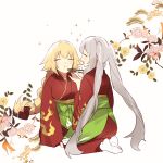  2girls blonde_hair blush braid braided_ponytail breasts chopsticks closed_eyes eating fate/grand_order fate_(series) feeding flower green_hakama hakama highres japanese_clothes jeanne_d&#039;arc_(fate) jeanne_d&#039;arc_(ruler)_(fate) kimono large_breasts long_hair long_sleeves marie_antoinette_(fate) mash_kyrielight_(enma-tei_uniform) medium_breasts multiple_girls no-kan open_mouth red_kimono seiza sidelocks sitting smile twintails very_long_hair white_hair wide_sleeves 