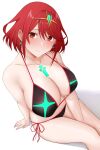  1girl absurdres arind_yudha bare_shoulders bikini black_bikini blush breasts chest_jewel cleavage collarbone dangle_earrings earrings highres jewelry large_breasts looking_at_viewer pyra_(xenoblade) red_eyes red_hair short_hair sidelocks sitting solo swept_bangs swimsuit thighs tiara xenoblade_chronicles_(series) xenoblade_chronicles_2 