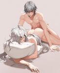  2boys abs absurdres ass caelus_(honkai:_star_rail) censored cum grey_hair highres honkai:_star_rail honkai_(series) jing_yuan long_hair male_focus multiple_boys muscular muscular_male nipples nude object_hug open_mouth penis pillow pillow_hug pinchi sex sex_from_behind short_hair trailblazer_(honkai:_star_rail) yellow_eyes 