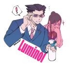  ! 1boy 1girl ace_attorney adjusting_eyewear black_hair blue_eyes blue_jacket bottle bow bowtie collared_shirt commentary_request cropped_torso ema_skye glasses hair_bun hand_on_own_face highres holding holding_bottle jacket korean_commentary long_sleeves phoenix_wright pink-tinted_eyewear shirt short_hair simple_background single_hair_bun sparkle speech_bubble spiked_hair spray_bottle tinted_eyewear twitter_username upper_body white_background white_shirt yon13498812 