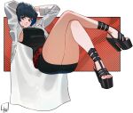  1girl absurdres arms_up belt black_skirt black_tank_top blue_hair blunt_bangs breasts censored censored_feet closed_mouth coat commentary crossed_legs eyelashes feet full_body high_heels highres invisible_chair knees_up l4wless lab_coat leaning_back legs lips long_sleeves looking_at_viewer medium_breasts medium_hair miniskirt mosaic_censoring nail_polish patterned_background persona persona_5 platform_footwear platform_heels red_belt red_nails romaji_commentary sandals signature sitting skirt solo takemi_tae tank_top thighs toenail_polish toenails toes white_coat 