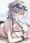  1girl absurdres bare_shoulders blush breasts cleavage collarbone eyewear_on_head food green_eyes grey_hair hair_between_eyes highres holding holding_food hololive large_breasts looking_at_viewer lying medium_hair misyune mole mole_on_breast on_stomach popsicle shirogane_noel solo tongue tongue_out virtual_youtuber 