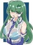  1girl :3 be_yu blue_skirt bra_visible_through_clothes detached_sleeves embarrassed frog frog_hair_ornament green_eyes green_hair hair_ornament hair_tubes highres kochiya_sanae long_hair nontraditional_miko open_mouth rain see-through see-through_shirt shirt single_hair_tube skirt snake snake_hair_ornament solo sweatdrop touhou upper_body wet wet_clothes wet_shirt 