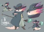  aqua_eyes artist_name axolotl back black_headwear boots brown_footwear closed_mouth from_behind full_body glowing grey_background hat highres holding holding_staff long_sleeves magic multiple_views otivnod signature simple_background smile staff standing wide_sleeves witch_hat 