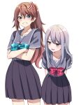  2girls anger_vein aqua_bow aqua_bowtie aqua_eyes arms_behind_back bow bowtie brown_hair crossed_arms dress grey_eyes grey_hair grey_sailor_collar grimace height_difference highres long_hair looking_at_another multiple_girls naughty_face open_mouth original purple_dress purple_serafuku red_bow red_bowtie sailor_collar school_uniform serafuku smile tottoto_tomekichi very_long_hair white_background yuri 